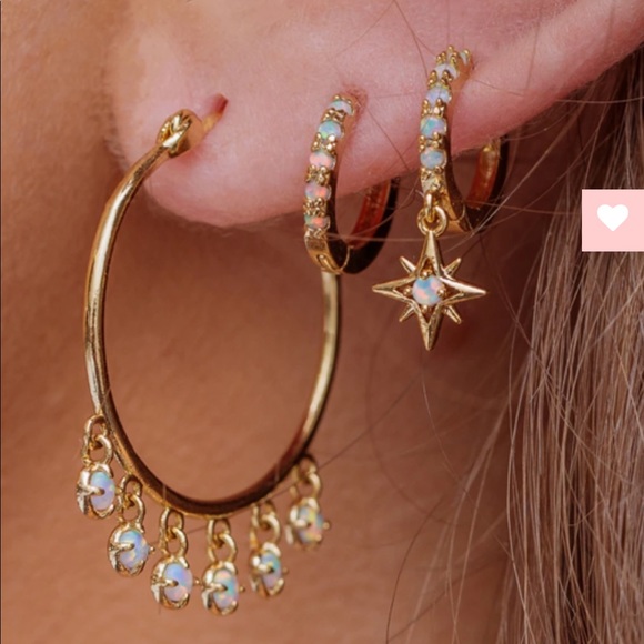 Starry Night Mini Gold Opal Hoops Earrings Huggies - Picture 2 of 16
